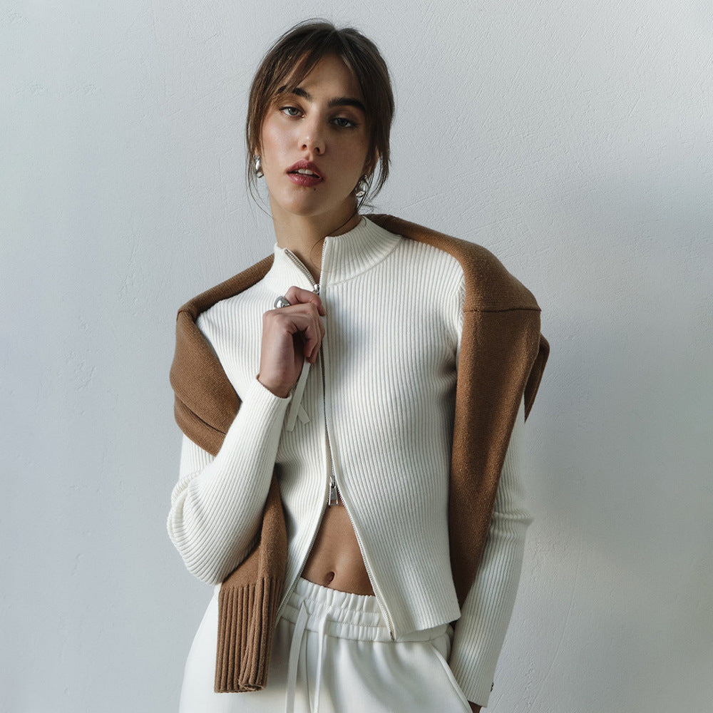 Manteau pour femmes à col montant, coupe ajustée, manches longues, automne-hiver, fermeture éclair double, cardigan en tricot thermique