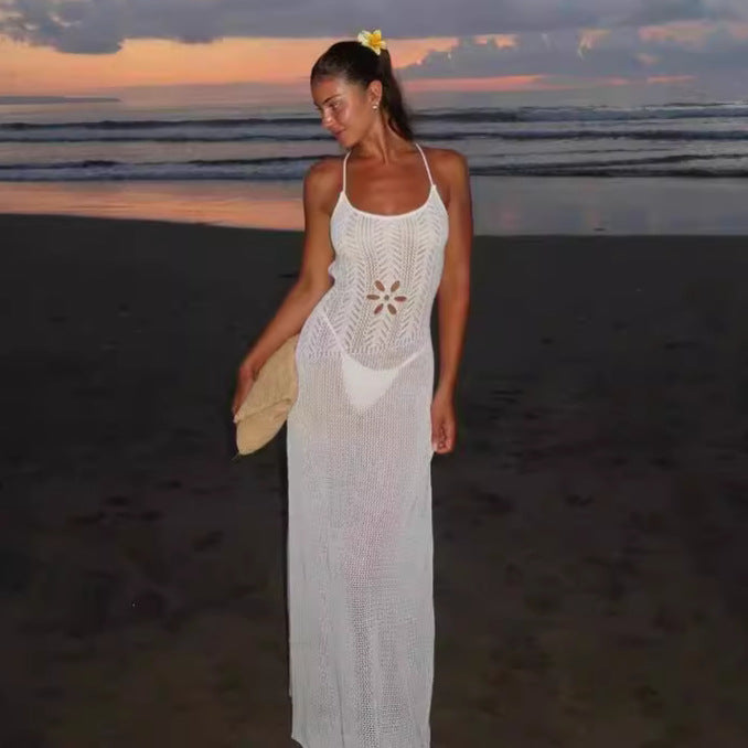 Robe de plage sexy moulante à découpes florales avec bretelles et dos nu Printemps-Été