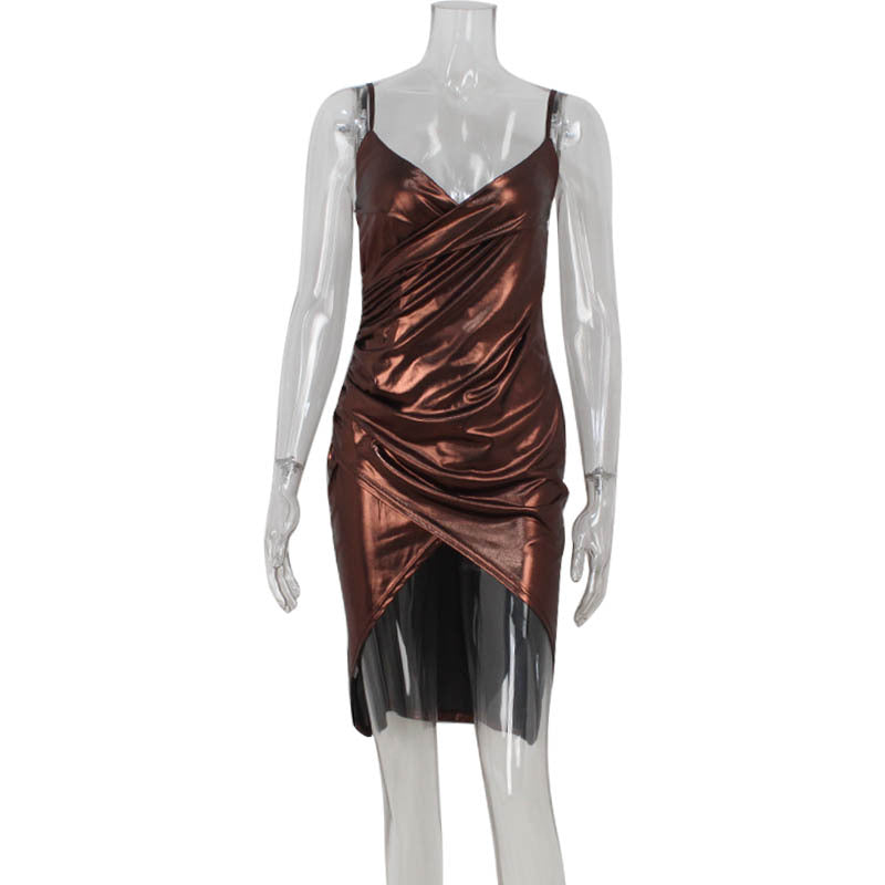 Sexy Damenkleidung Eng anliegend V-Ausschnitt Hochwertiges Bronzing High Waist Schlitz Rock Hüft Wickelkleid Spaghettiträger-Kleid