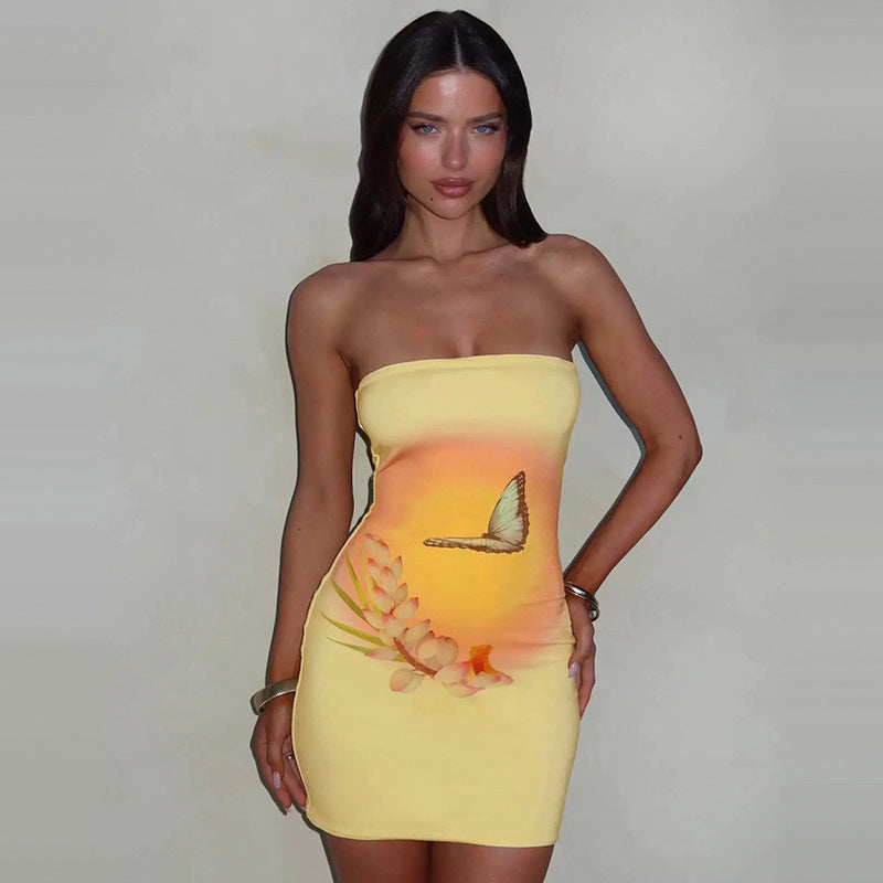 Damenbekleidung Sommer Ärmellos Sexy Trägerloses Kleid Schmetterlings-Blumendruck Hüftkleid