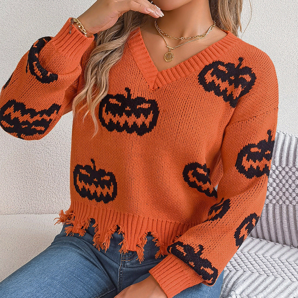 Automne Hiver Halloween Couleur Contraste Citrouille Coupe Pourrie Pull Manches Longues Vêtements Femme