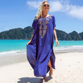 Robe de vacances brodée bleue, robe de plage ample pour la mer, vêtements de protection solaire, chemisier de maillot de bain bikini