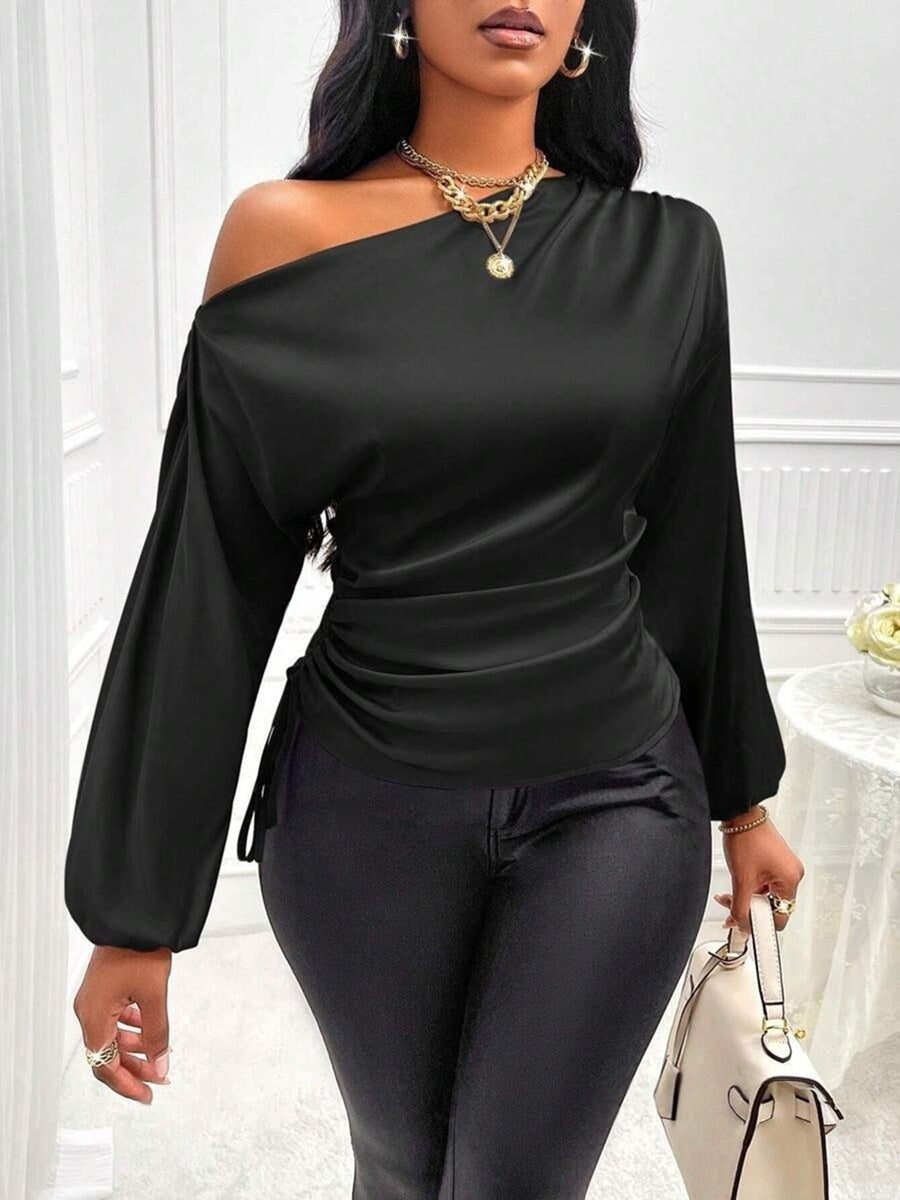 Damen Kleidung Satinhemd Herbst Winter Asymmetrisches Langarm-Oberteil mit diagonalem Kragen