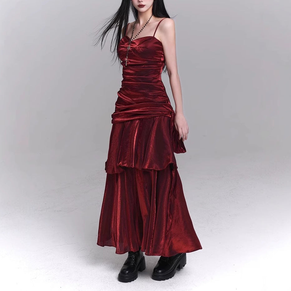 Dunkelrotes Trägerkleid, Konzert-Geburtstagskleid, hochwertiges Partykleidchen