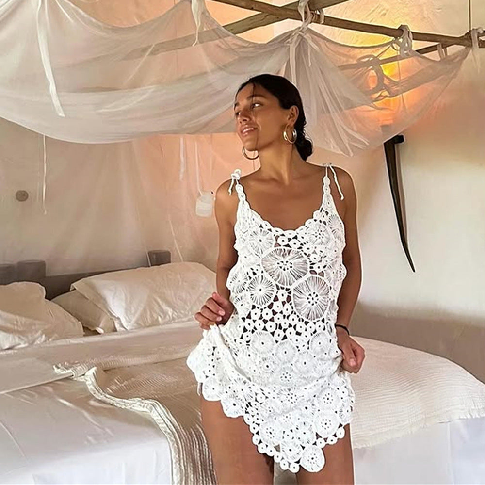 Robe de plage femme découpée en dentelle de couleur unie avec crochet sexy d'été