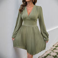 Robe plissée rétro à col en V et manches longues de couleur unie pour femme, collection automne