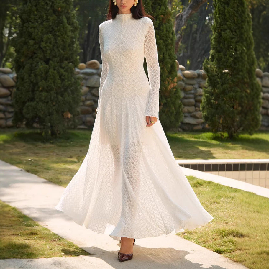 Herbst Winter Nischendesign Wunderschönes Spitzen-Maxikleid mit schmaler Passform, schlankmachendem und weitem Saum für Damen