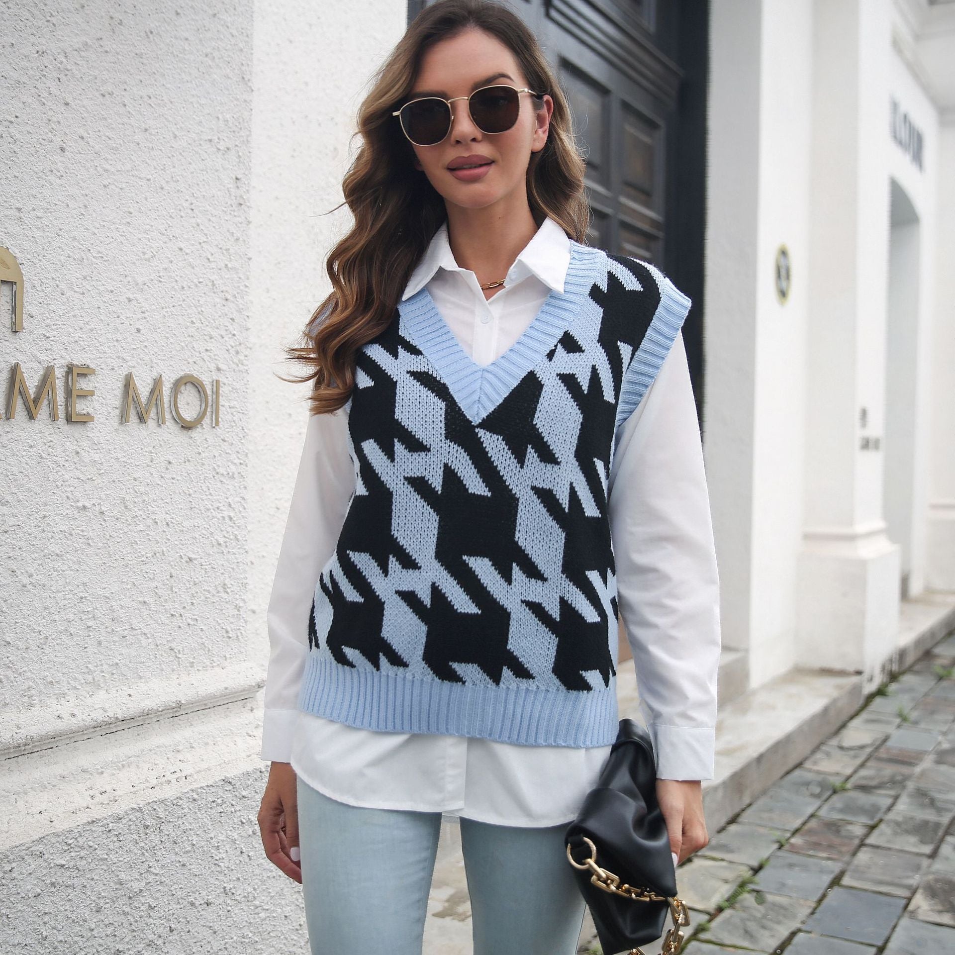 Hahnentritt V-Ausschnitt Weste Pullover Damen Weste Oberbekleidung Unterbekleidung Herbst Winter Strickwaren Pullover Bouclé
