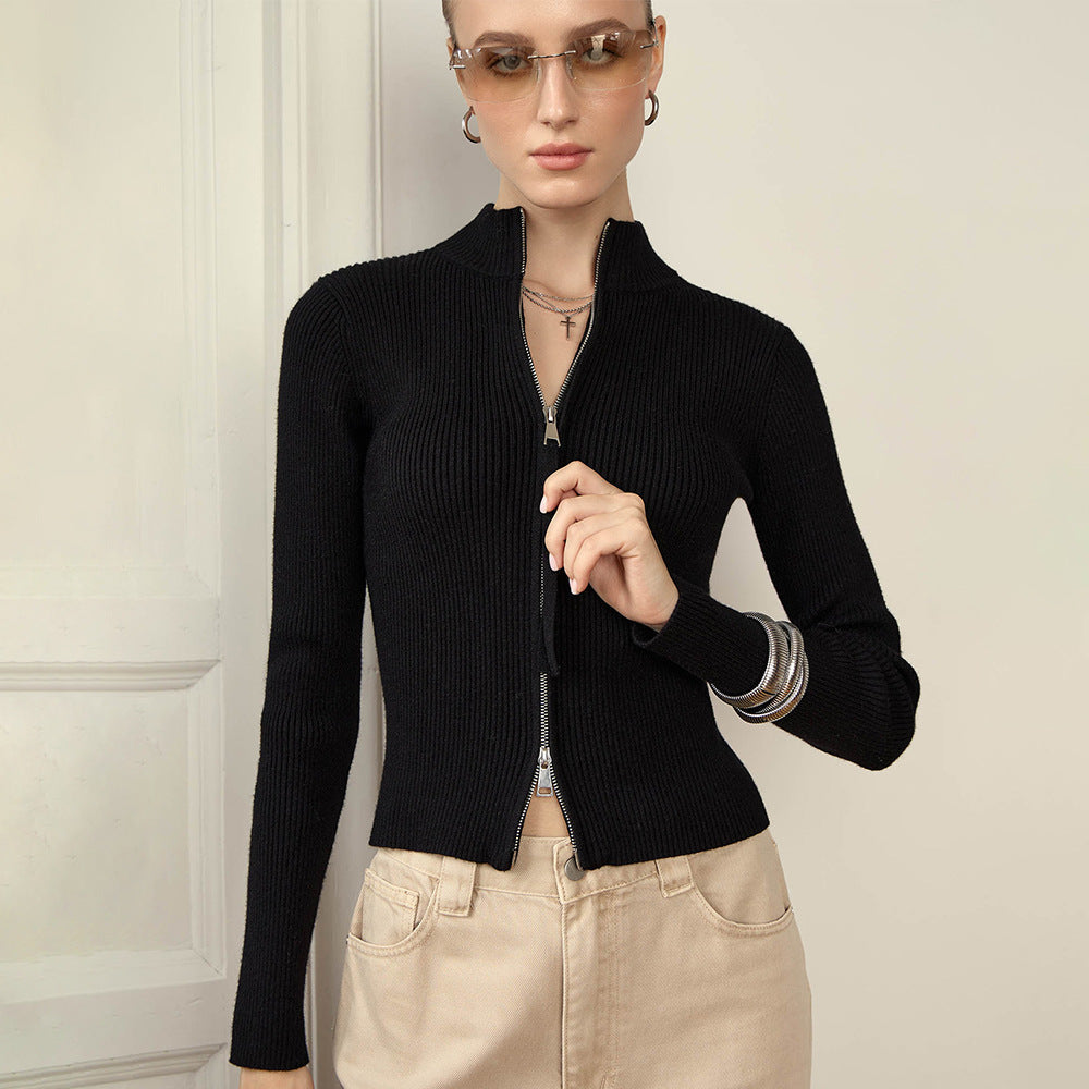 Manteau pour femmes à col montant, coupe ajustée, manches longues, automne-hiver, fermeture éclair double, cardigan en tricot thermique