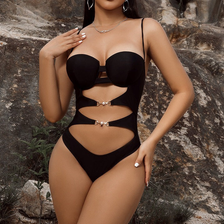 Damen One Piece Bikini Badeanzug Unifarben Hohl Cutout Träger Einteiler Badeanzug