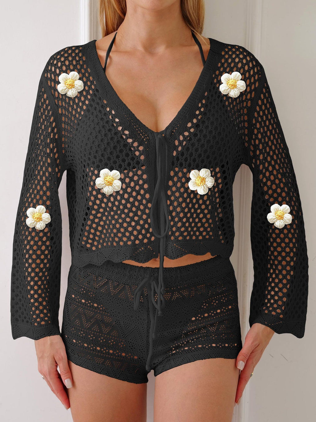 Cardigan en dentelle pour femme à lacets, ajouré, découpé, tissé, chemise brodée florale, couture, protection solaire de plage, chemisier à manches longues, manteau décontracté