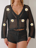 Cardigan en dentelle pour femme à lacets, ajouré, découpé, tissé, chemise brodée florale, couture, protection solaire de plage, chemisier à manches longues, manteau décontracté
