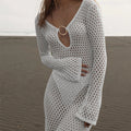 Urlaub Vorne Lang Hohl Ausgeschnitten Metallschnalle V-Ausschnitt Langarm Strandkleid Sonnenschutz Rückenfreies Smock-Kleid