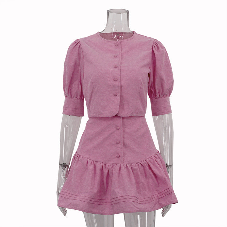 Lässiges Rock-Outfit, Puffärmel, kurzes Oberteil, genähter A-Linien-Rock, Zweiteiler