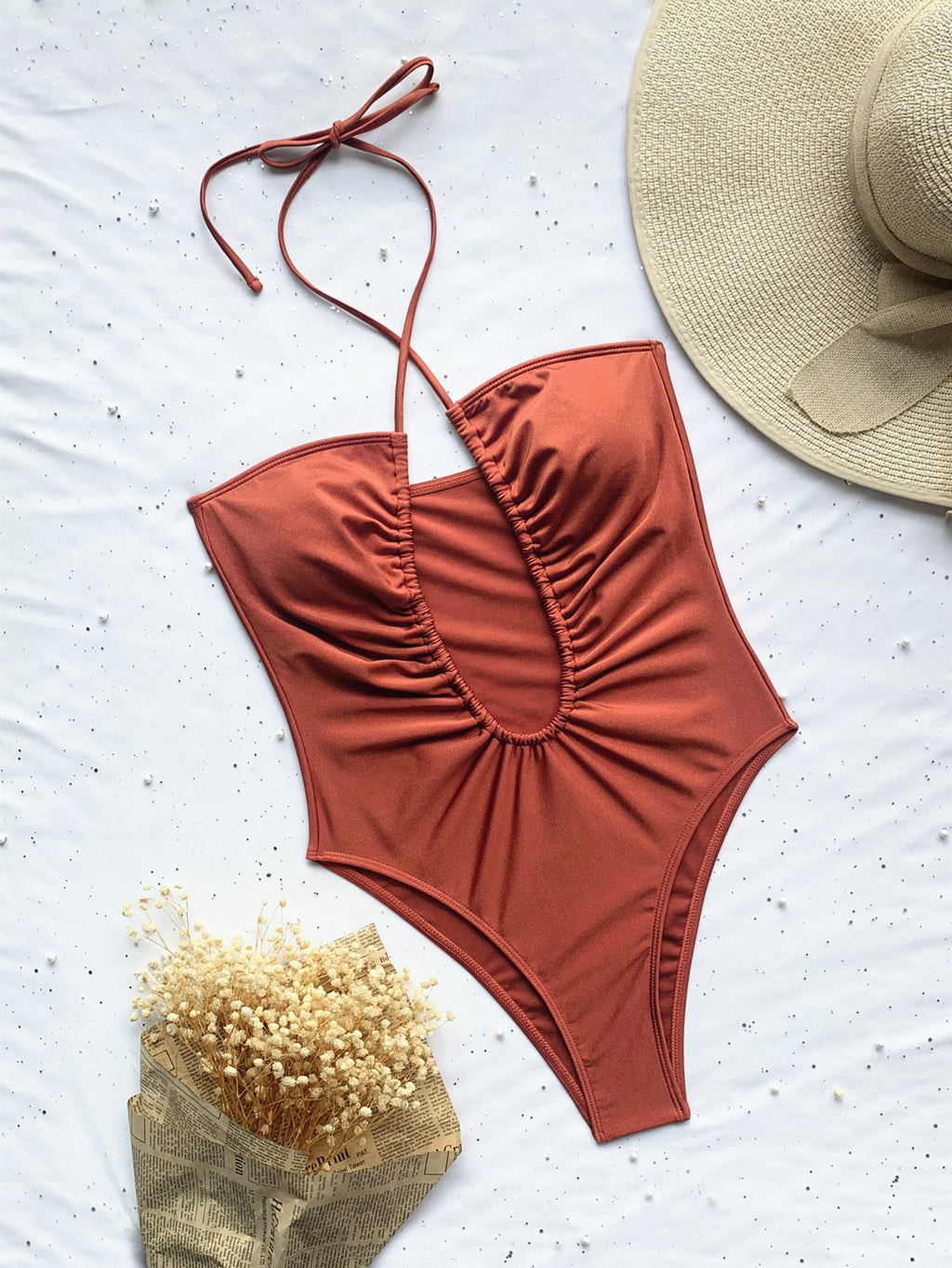 Einteiliger Badeanzug, einfarbiger Bikini-Badeanzug, Damen, sexy Badeanzug, Träger-Bikini
