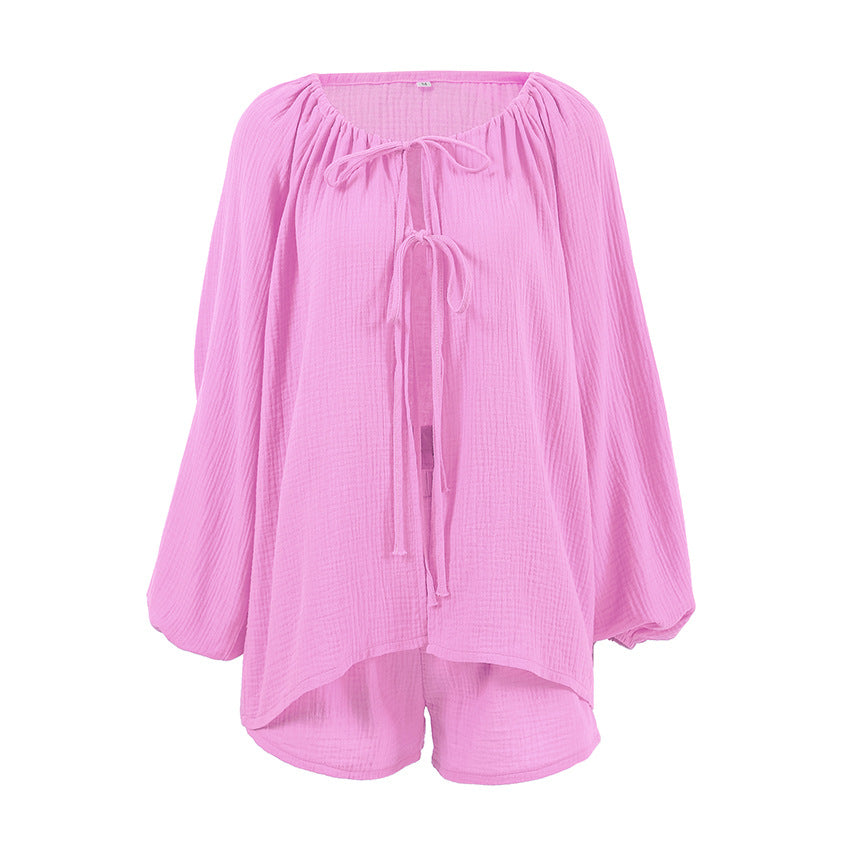 Pyjama décontracté en coton pour femme, collection automne, cardigan, manches longues, short, tenue d'intérieur confortable, peut être porté à l'extérieur