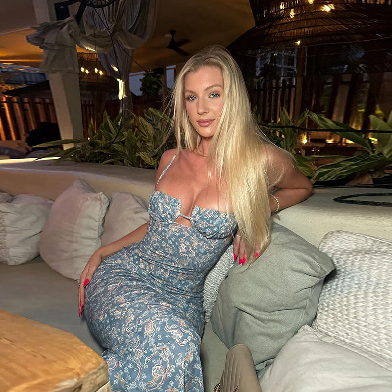 Robe longue sexy moulante imprimée à bretelles pour les vacances