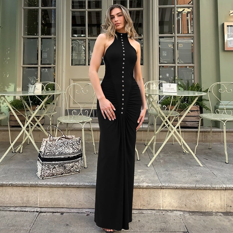 Französische Damen Herbst Slim Fit Zerknittertes Knopf Rundhals Ärmelloses Kleid für Damen