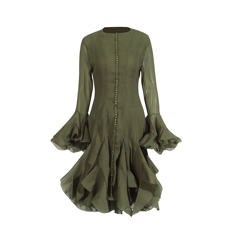 Frühlingsrüschen Design Taillenbetonendes Schlankmachendes Kleid mit ausgestellten Ärmeln für Damen
