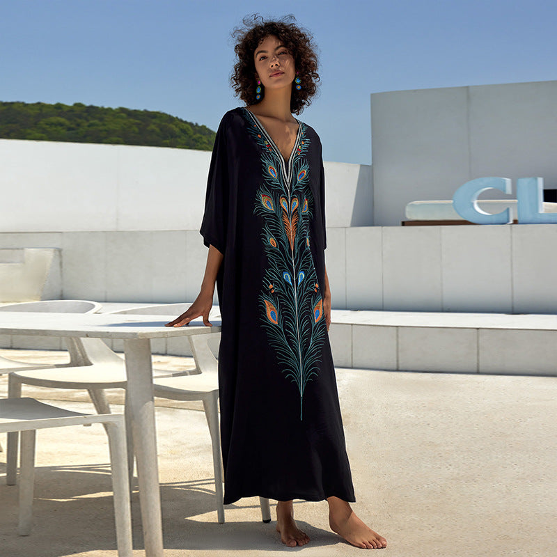 Robe longue de plage ample en coton imprimé, veste, paréo, chemisier
