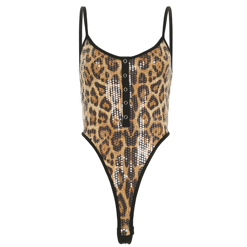 Combinaison sans manches à imprimé léopard sexy, col en U, taille haute, style rétro sauvage, ornée de paillettes