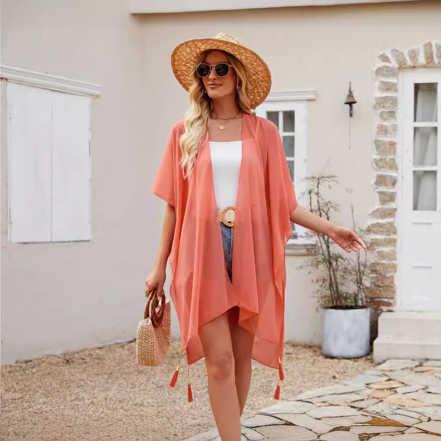 Strandbluse Transparent Sexy Quaste Dünner Umhang Einfarbig Reise Sonnenschutz Strickjacke