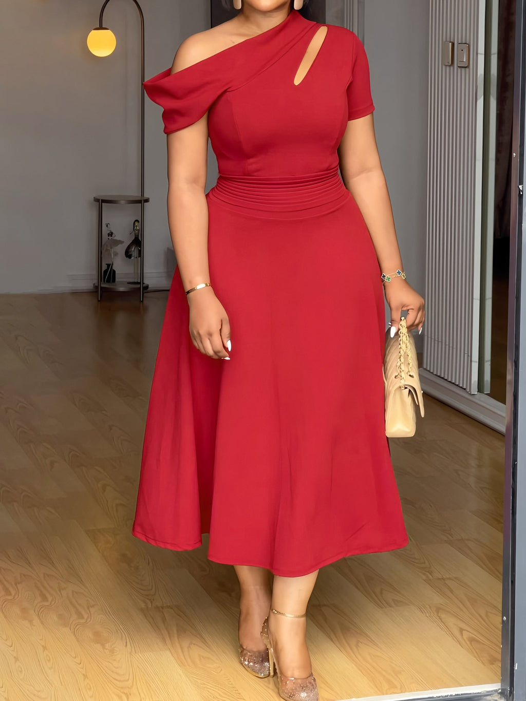 Robe trapèze décontractée à épaules dénudées de couleur unie pour femme