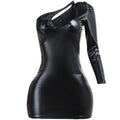 Vêtements pour femmes en tissu enduit métallique, automne hiver, robe moulante sexy en similicuir à col diagonal et une épaule pour femmes