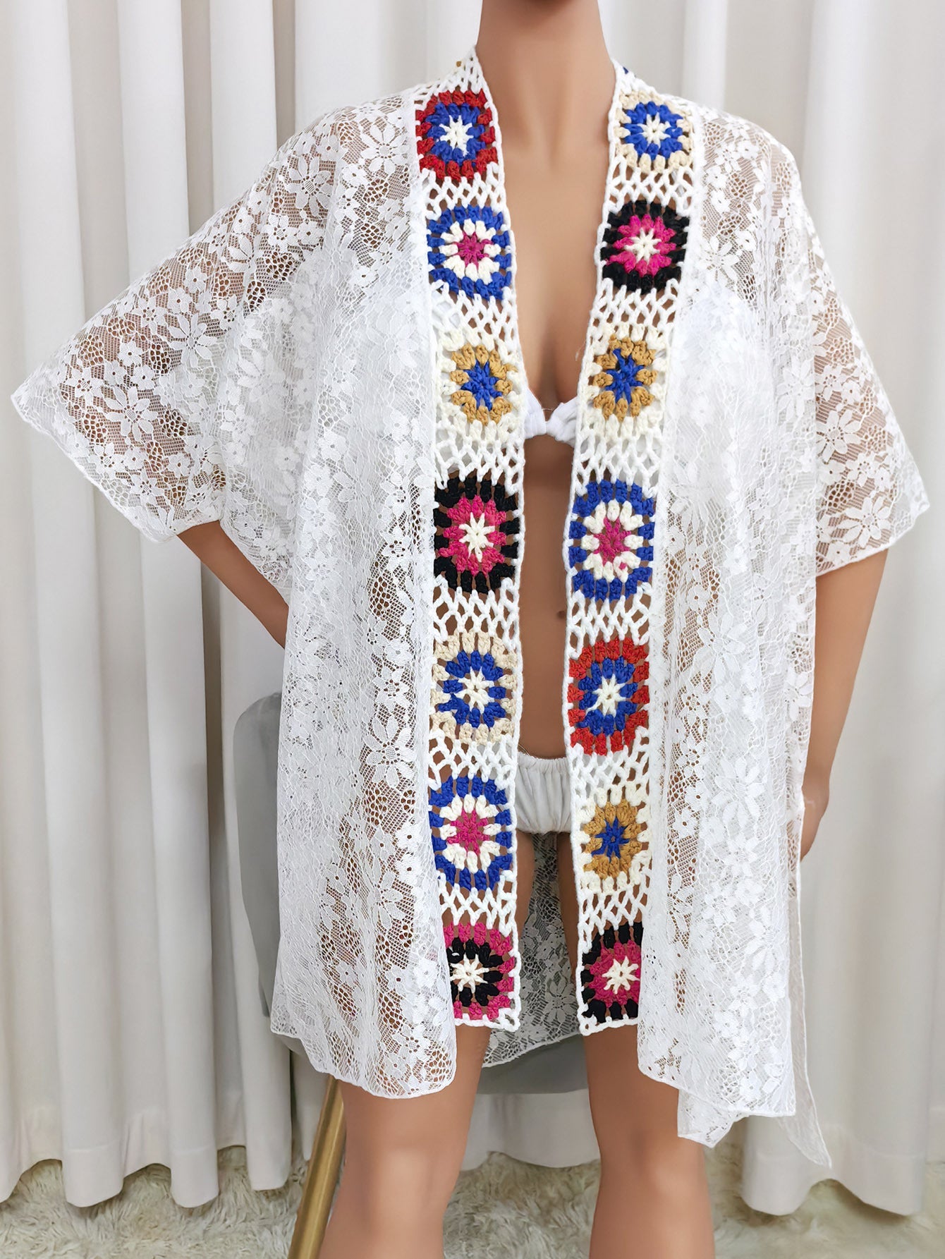 Vêtements de dessus pour femme Cache-maillot de plage Couleur aléatoire Crochet fait main Couture Dentelle Sexy Transparent Protection solaire Cardigan