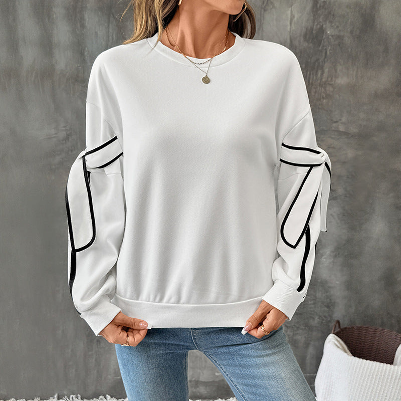 Sweat à capuche femme en polaire à manches longues et col rond, avec nœud tridimensionnel contrastant pour l'automne