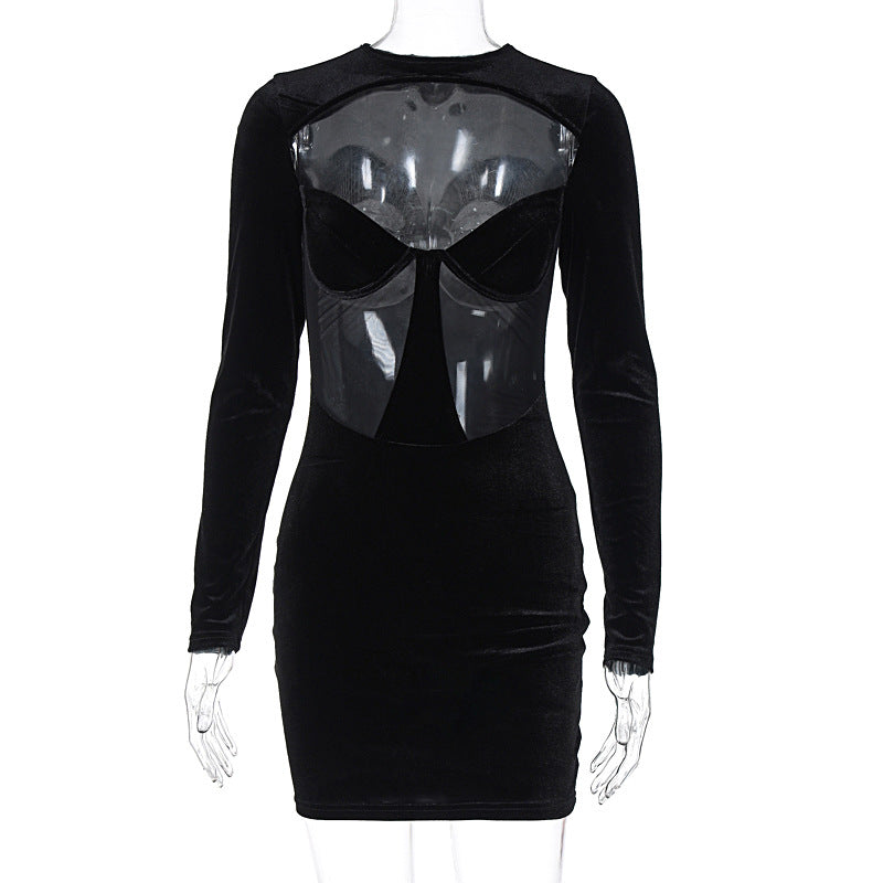 Damen Winter Sexy Cutout Durchsichtig Schmal geschnittenes Langarm-Kleid