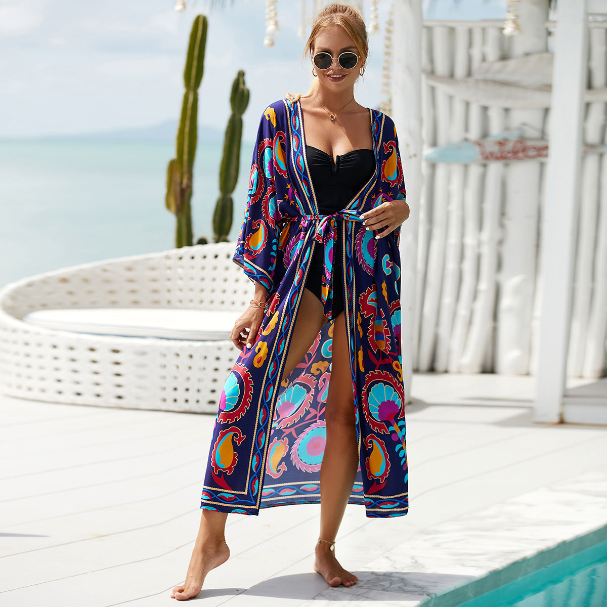 Blouse de plage imprimée sexy, protection solaire, cardigan, paréo de bikini pour femme