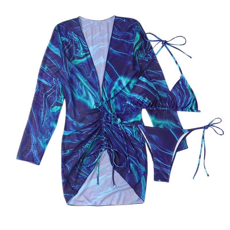 Maillot de bain deux pièces licou à manches longues pour femmes Maillot de bain bikini trois pièces sexy imprimé pour femmes Été