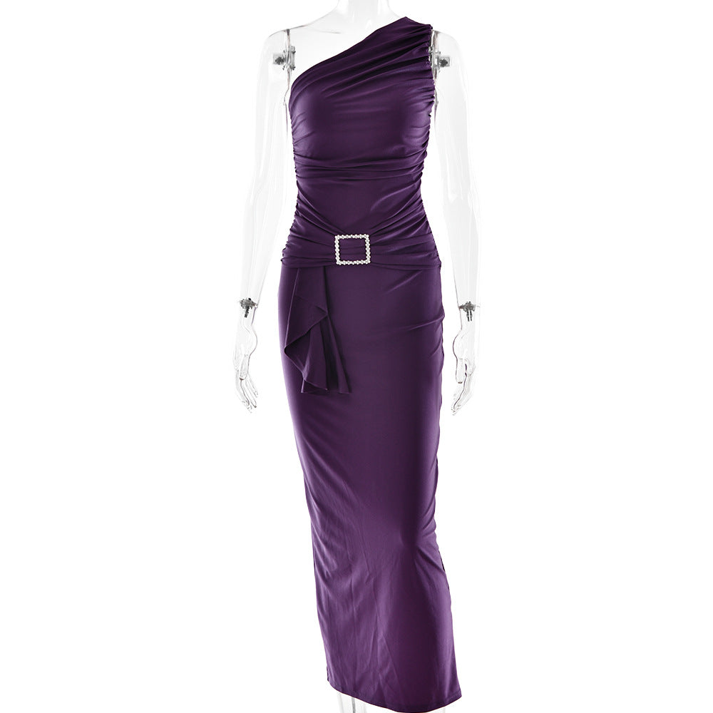 Robe longue pour femme sexy asymétrique plissée moulante