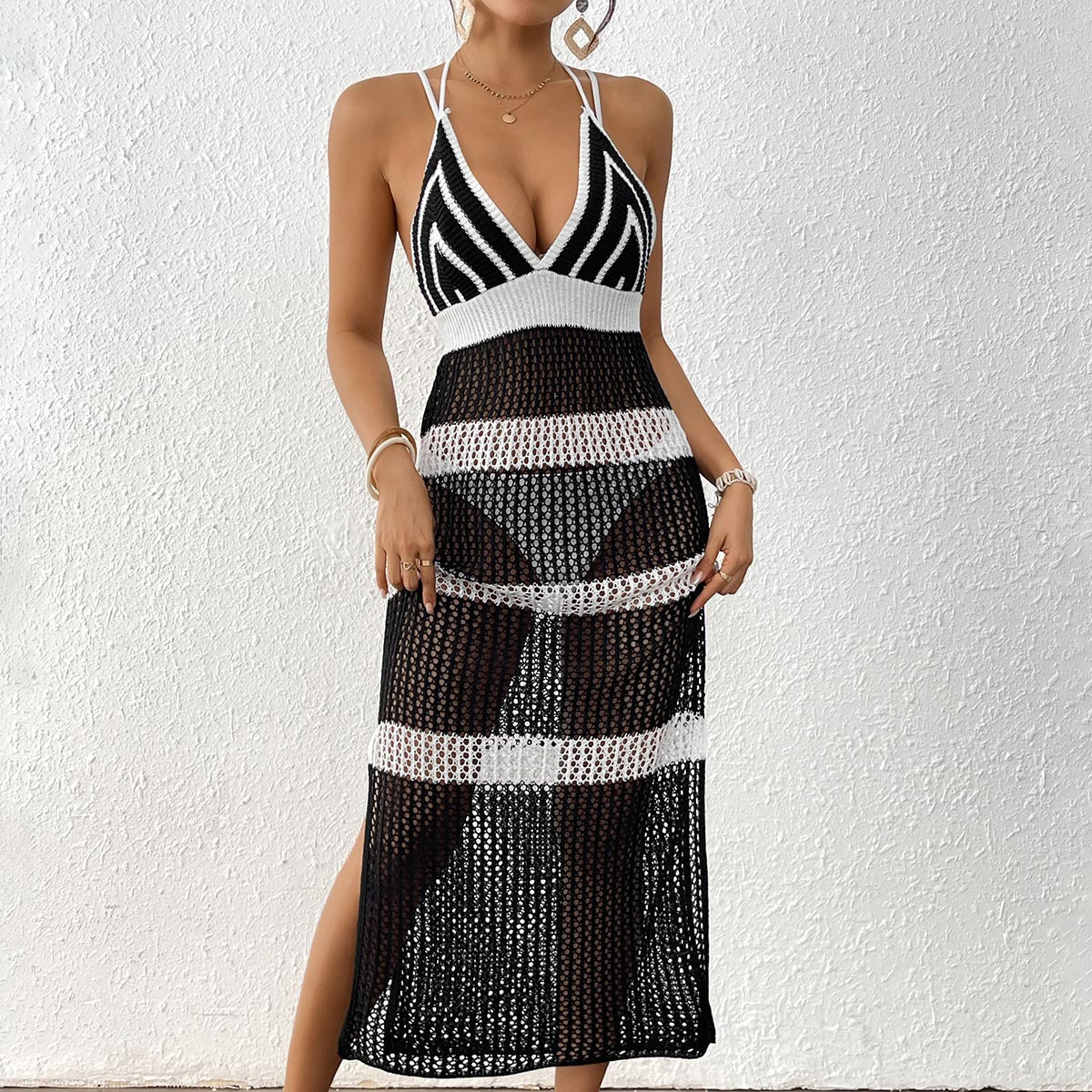 Damenkleid Damenbekleidung Farbkontrast Patchwork Trägerrock Gebundenes figurbetontes Kleid Strandüberwurf