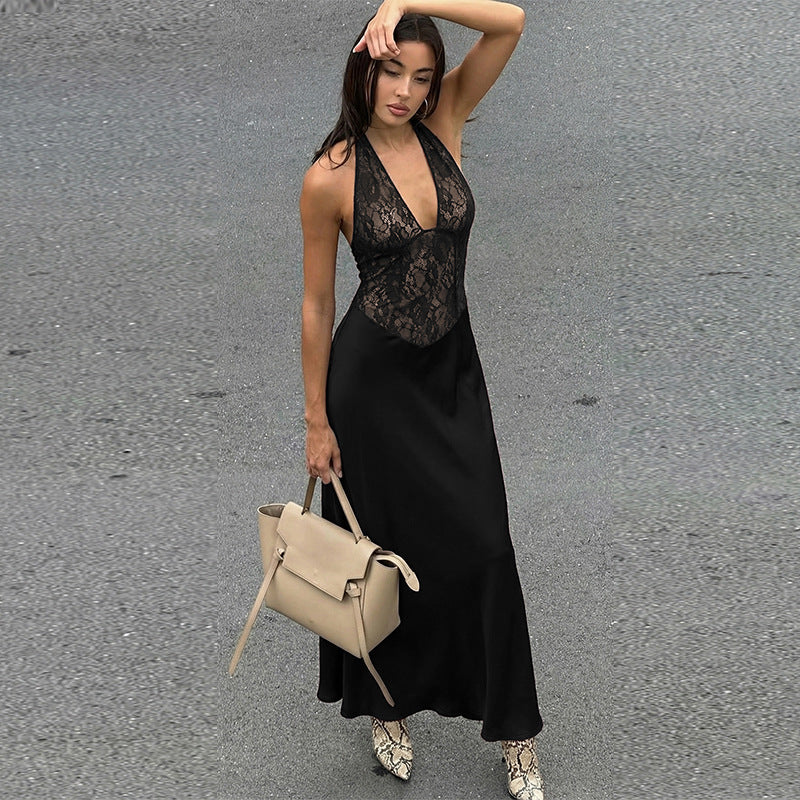 Damenbekleidung Winter Ausgehöhltes Rückenfreies Spitzen-Patchwork Taillenbetonendes Tiefer V-Ausschnitt Sexy Neckholder-Kleid
