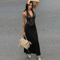 Damenbekleidung Winter Ausgehöhltes Rückenfreies Spitzen-Patchwork Taillenbetonendes Tiefer V-Ausschnitt Sexy Neckholder-Kleid