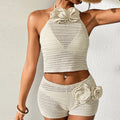 Maillot de Bain Bikini de Plage Sexy en Crochet Creux et Découpé avec Bretelles Halter à Trois Dimensions