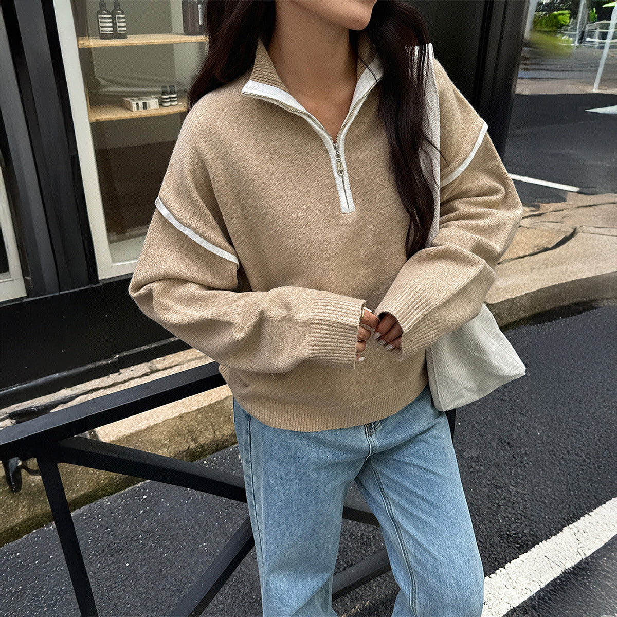 Chandails décontractés simples de couleur unie à manches longues avec fermeture éclair pour femmes, vêtements d'automne-hiver