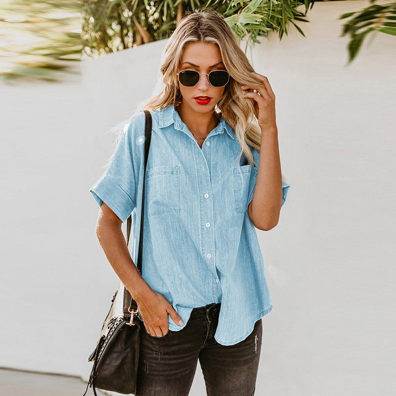 Frühling Sommer Kurzarm Gerade Bein Jeanshemd Damen Loose Top Damen