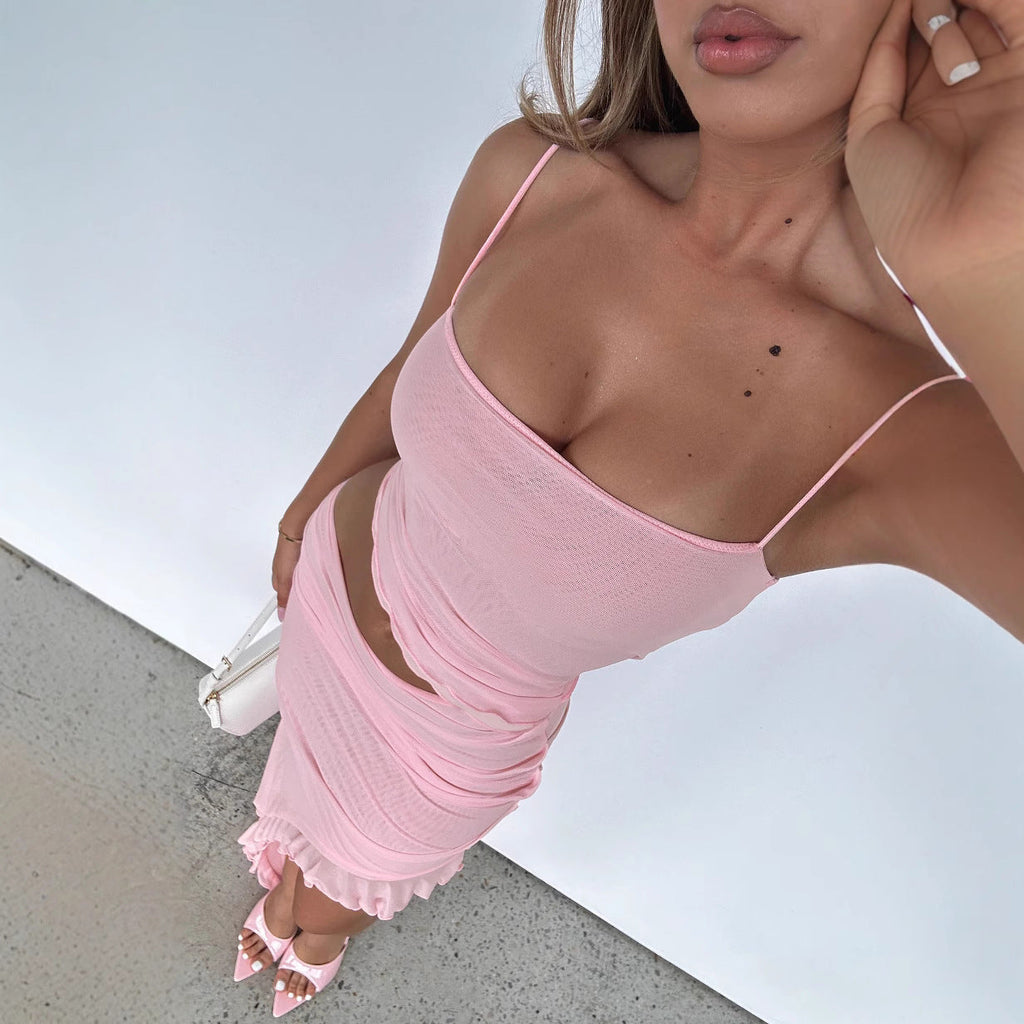 Urlaub Damenbekleidung Kurzes Oberteil Gerafftes Netz-Kleid Unregelmäßiges Asymmetrisches Einfarbiges Elegantes Anmutiges Neckholder