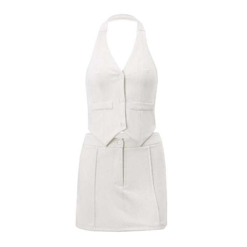 Ensemble jupe trapèze et gilet licou, petit costume d'été sexy en faux-cuir pour femme