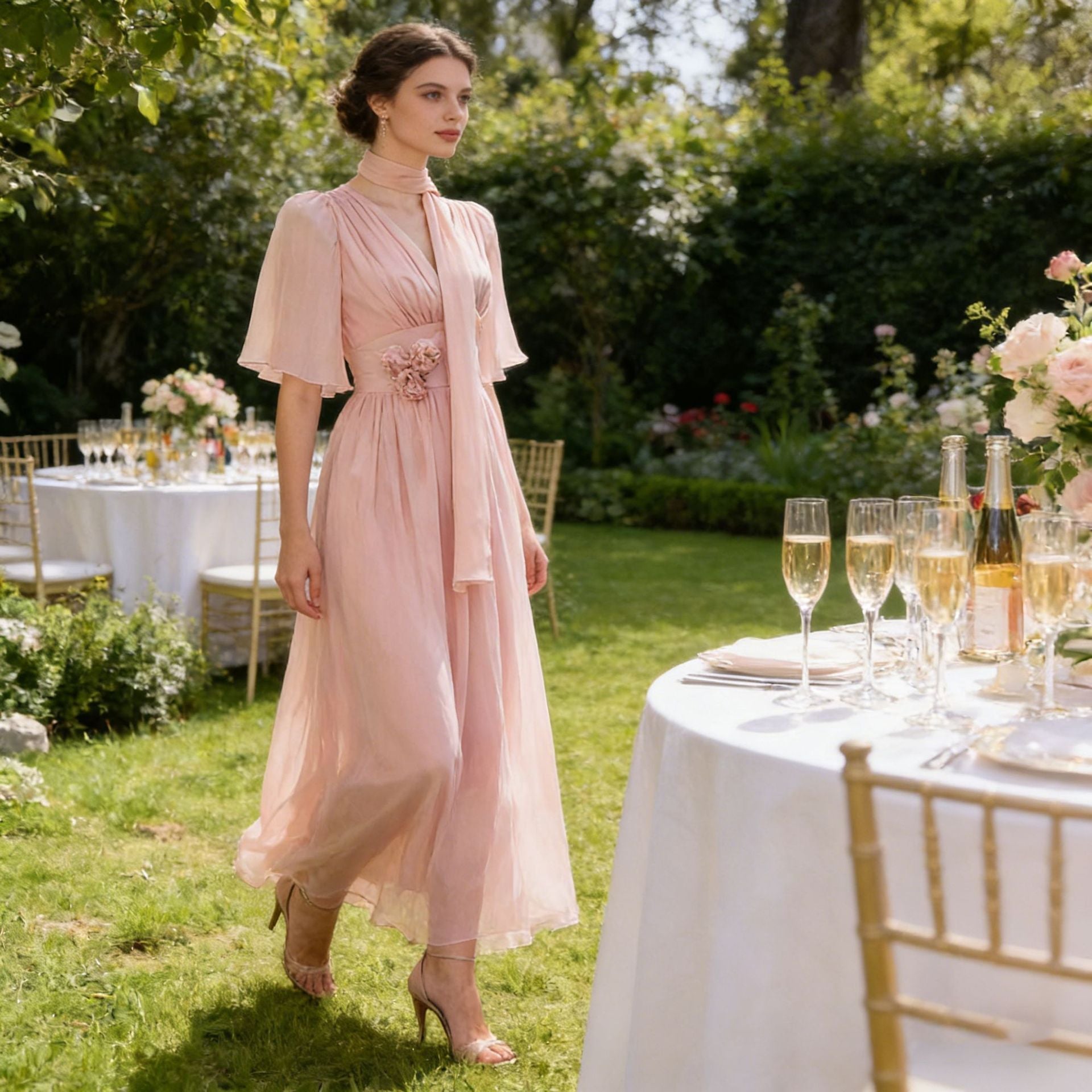 Französisches einfarbiges Maxikleid Frühling Hochwertig Taillenbetonend Dreidimensionales Blumenmuster Kleid Damen