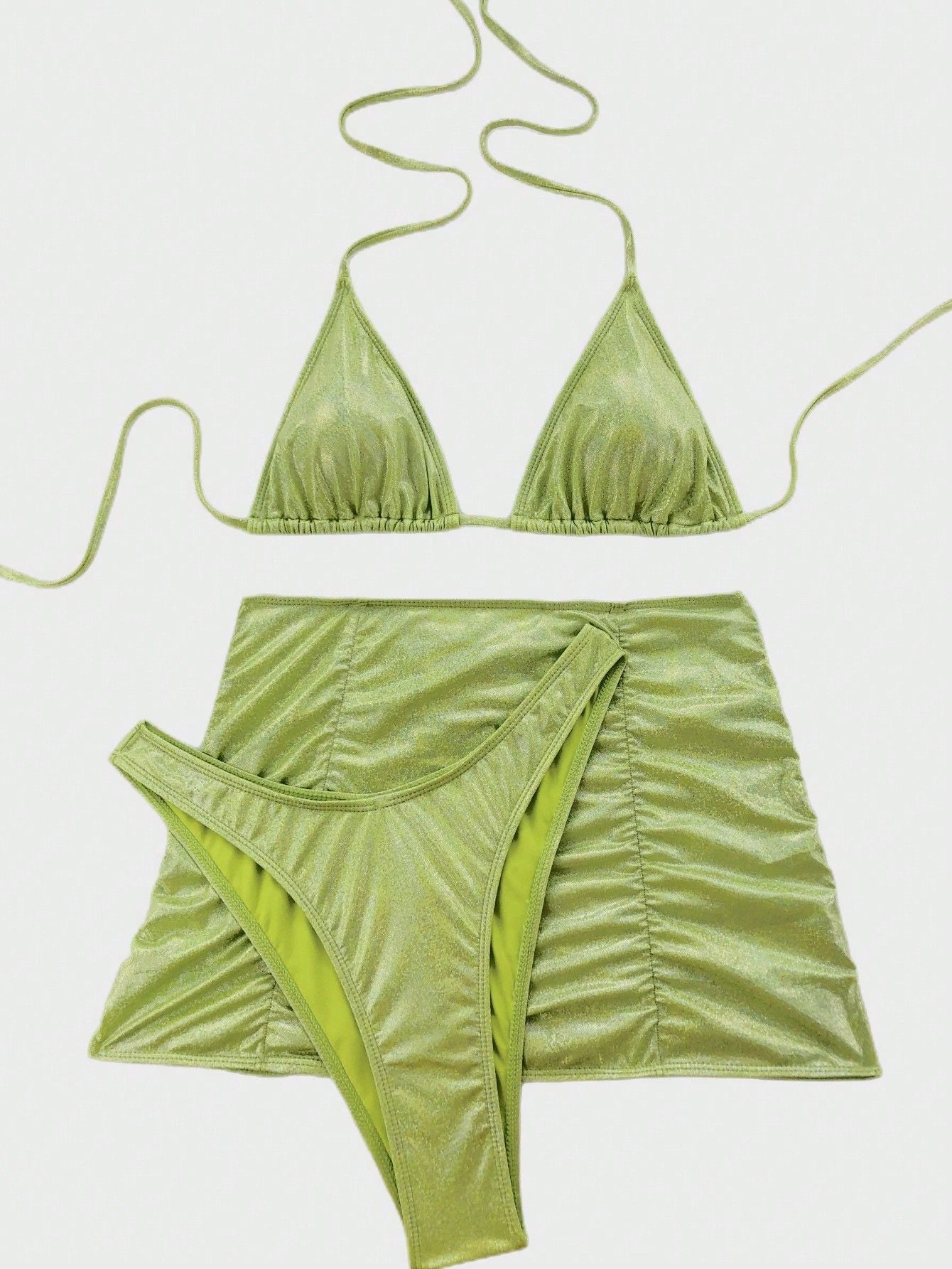 Damen Badeanzug Sexy Flash-Stoff Dreiteiliger Metallic beschichteter Stoff Bikini Badeanzug