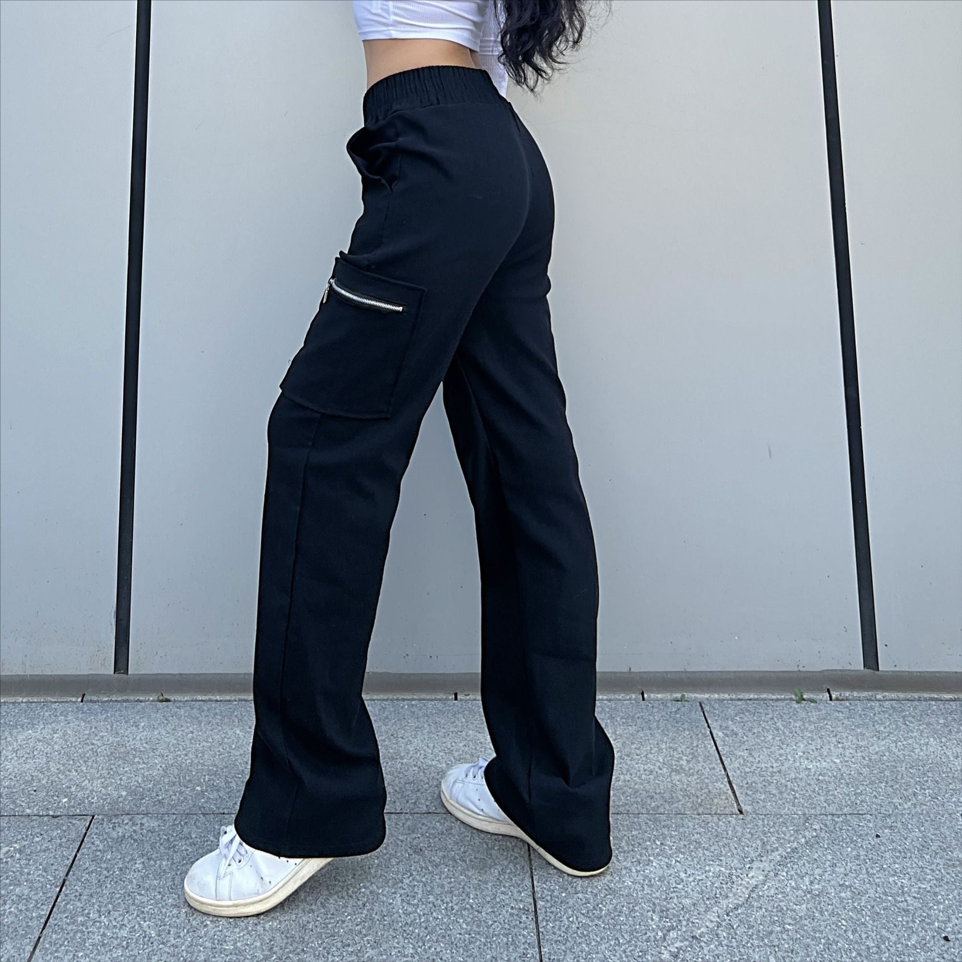 Pantalon tendance pour femme, pantalon cargo tendance, pantalon à fermeture éclair, pantalon droit ample style urbain, pantalon à jambes larges