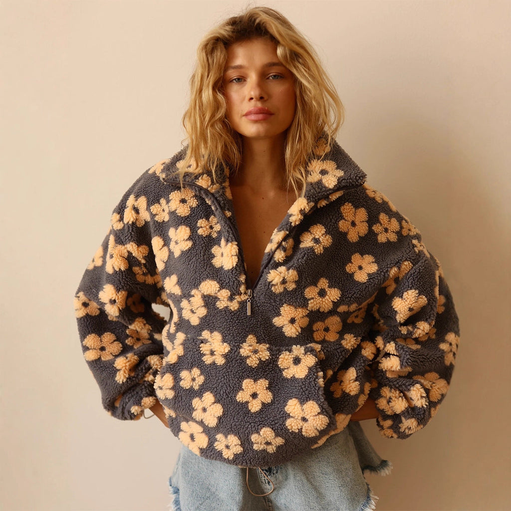 Pull en polaire fleurie pour femme - Hiver chaud - Polaire duveteuse