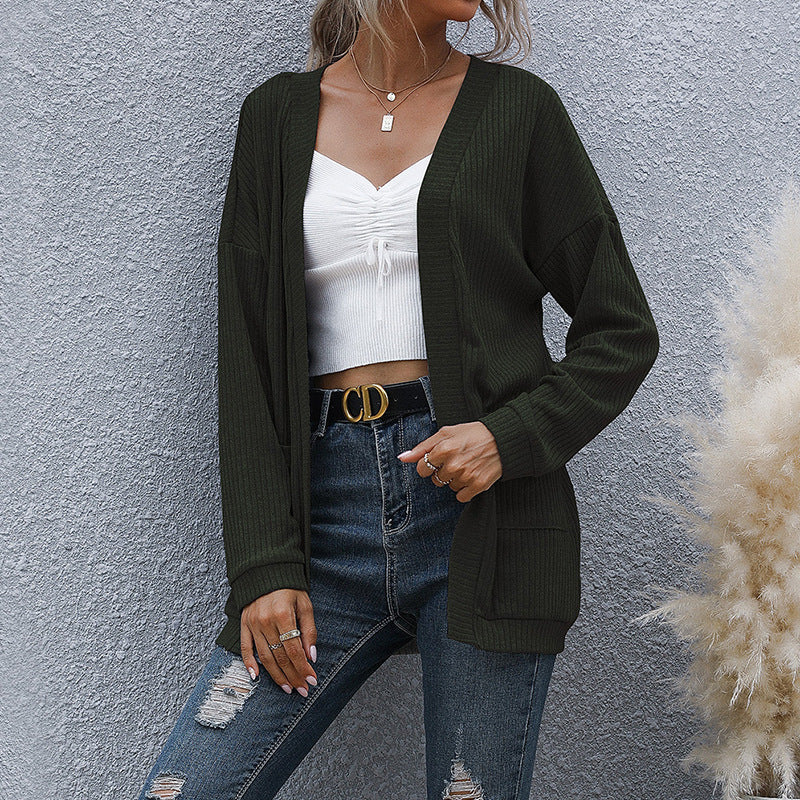 Automne Hiver Décontracté Femme Vêtements Basique Manches Longues Couleur Unie Long Cardigan Pull