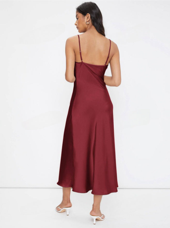 Damenbekleidung Frühling Sommer Satin Spaghettiträger Tiefer V-Ausschnitt Schmal geschnittenes Kleid in Unifarben