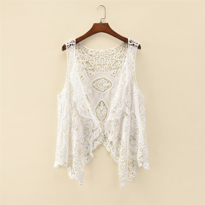 Damen-Sommermantel, dünner Mantel, ärmelloser Spitzen-Cardigan, vielseitiger Schal, Strandbekleidung, Sonnenschutz, Damen-Shirt mit Hohl- und Cutout-Design