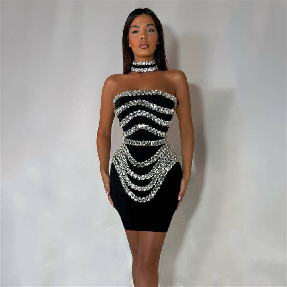 Handgemachtes, perlenbesetztes Strassstein-Kleid, sexy schulterfrei, Verband, Einteiler, eng anliegend, für Partys und Abendveranstaltungen